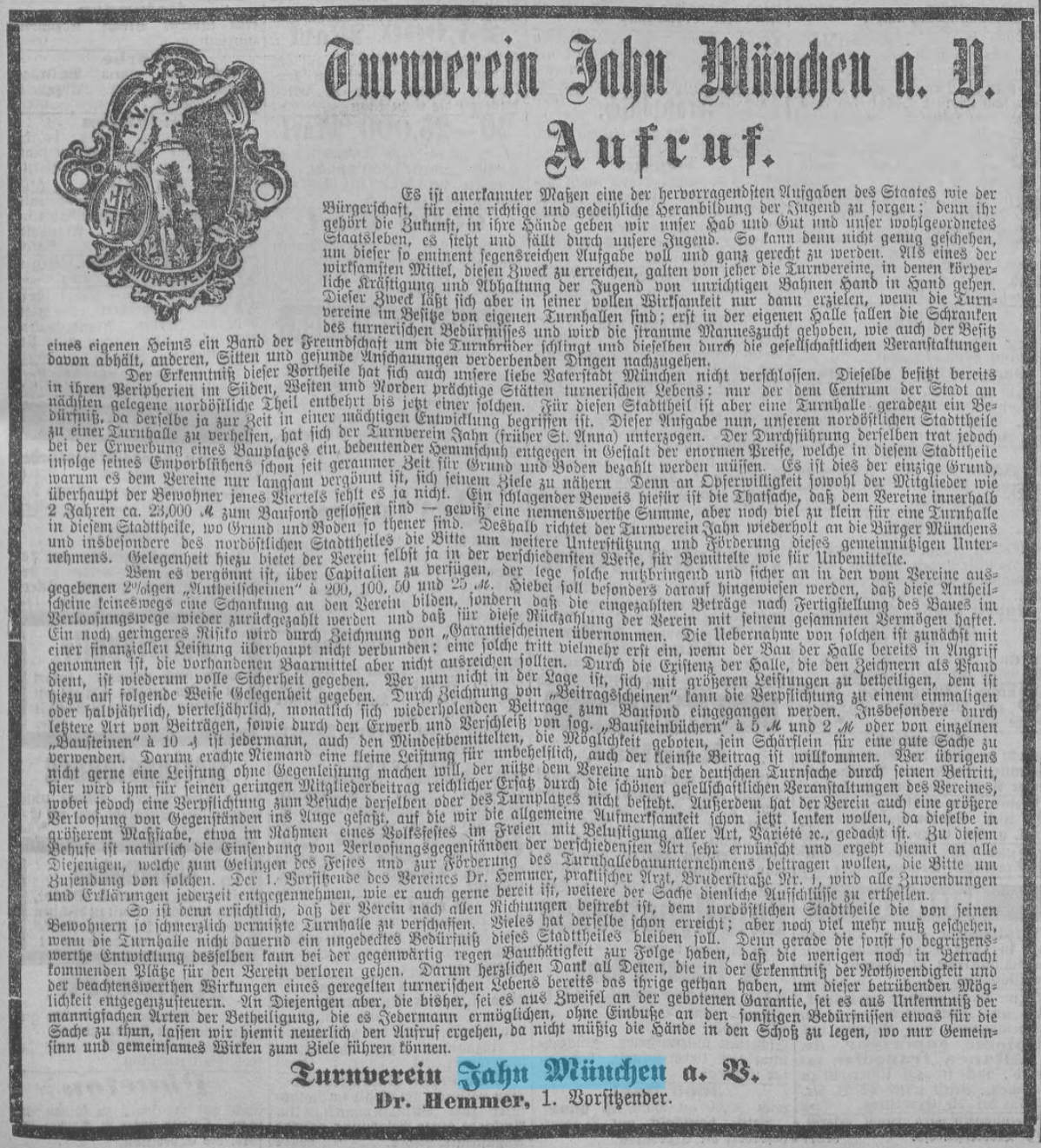 1897: TV Jahn will eine Halle bauen - Aufruf in der Zeitung